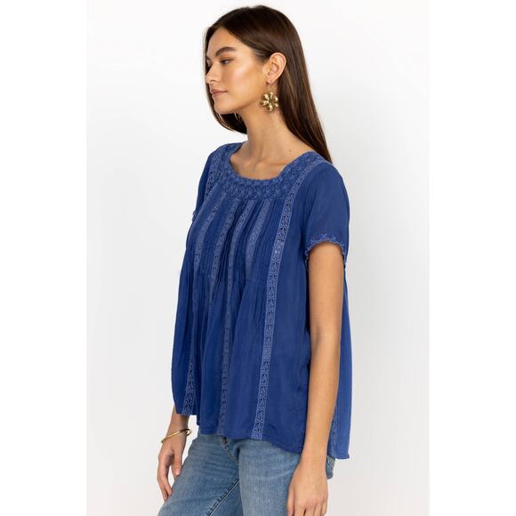 Johnny Was Brigita Blouse Blue Square Neck Eyelet Embroidered Short Sleeve Sz L - Picture 4 of 11